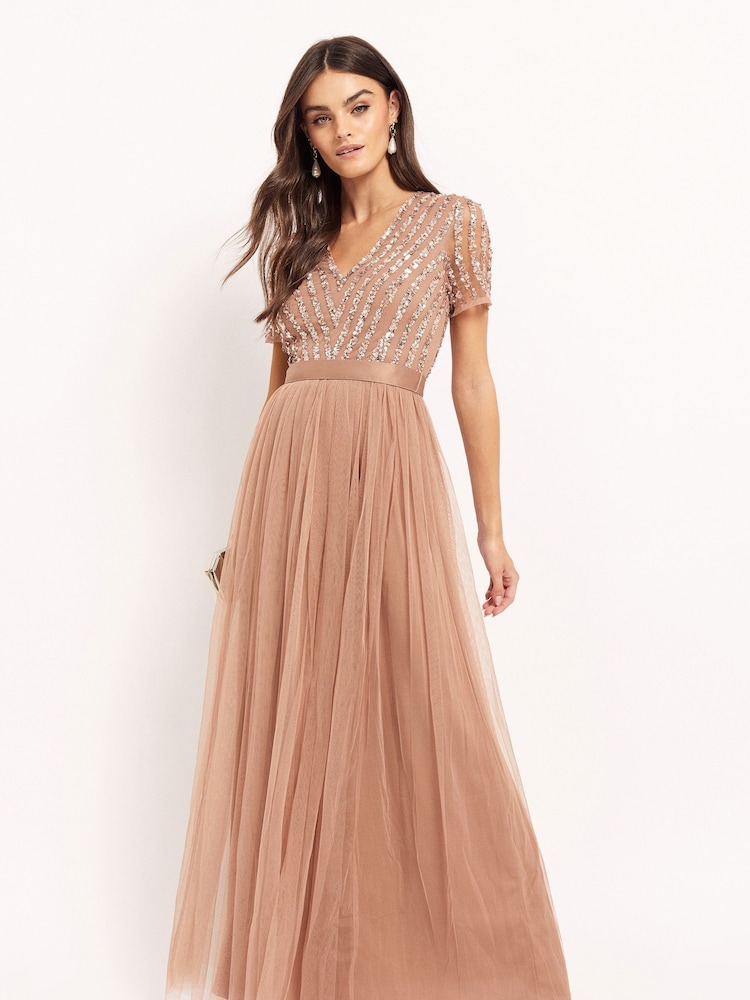 Maya Light Pink Chevron Sequin Maxi Dress - Image 3 of 4