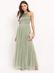 Maya Sage Green Halterneck Delicate Sequin Maxi Dress - Image 1 of 4
