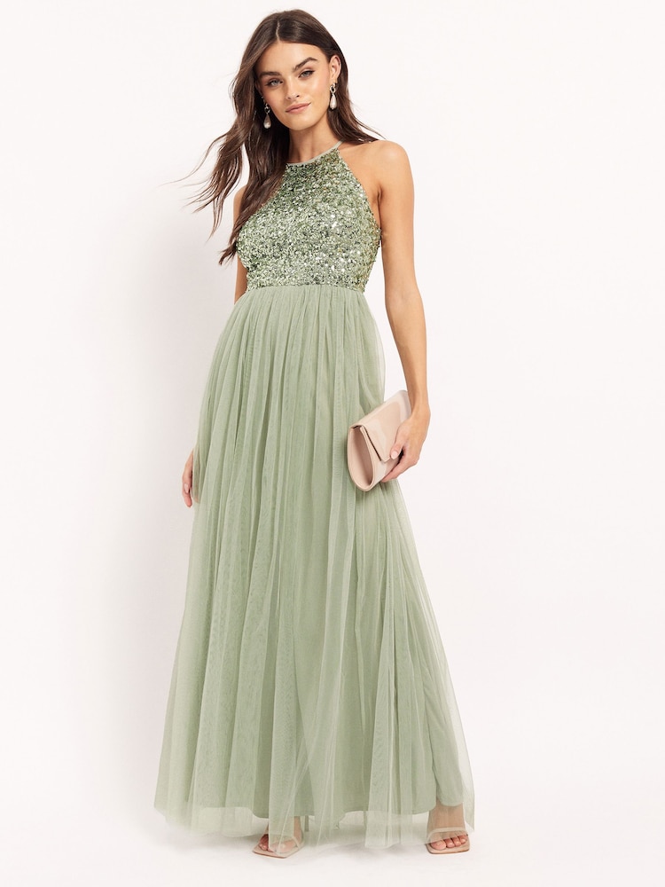 Maya Sage Green Halterneck Delicate Sequin Maxi Dress - Image 1 of 4