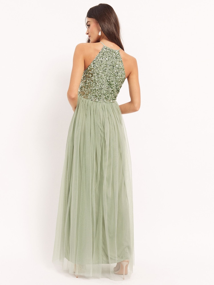 Maya Sage Green Halterneck Delicate Sequin Maxi Dress - Image 2 of 4