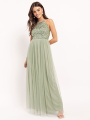 Maya Sage Green Halterneck Delicate Sequin Maxi Dress - Image 3 of 4
