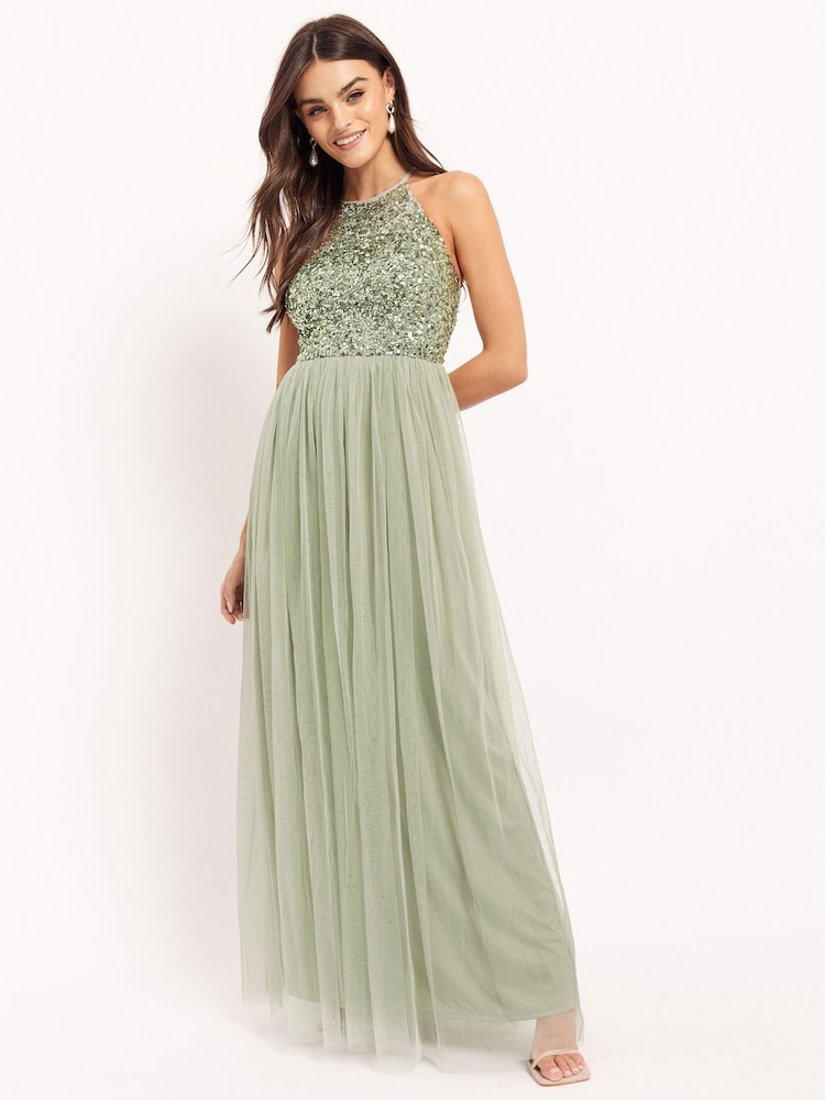 Maya Sage Green Halterneck Delicate Sequin Maxi Dress - Image 3 of 4