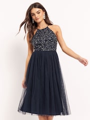 Maya Navy Blue Halter Neck Midi Dress - Image 1 of 4