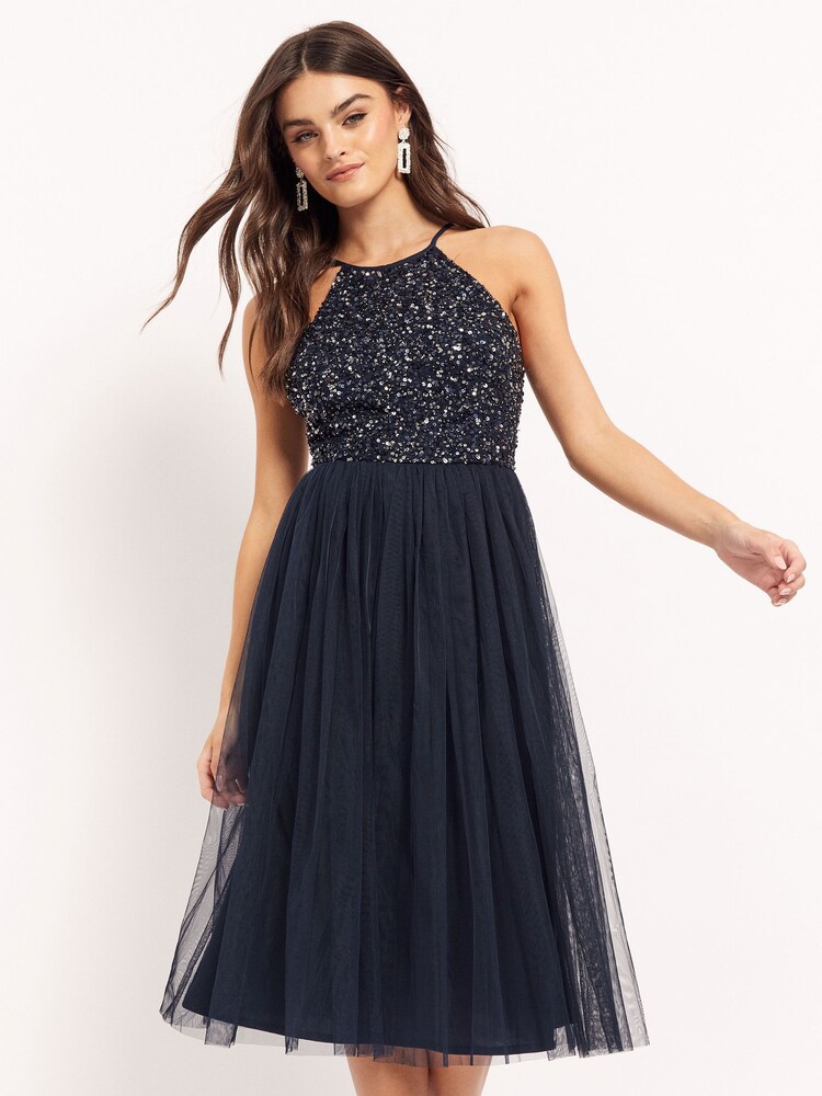 Maya Navy Blue Halter Neck Midi Dress - Image 1 of 4