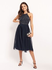 Maya Navy Blue Halter Neck Midi Dress - Image 3 of 4