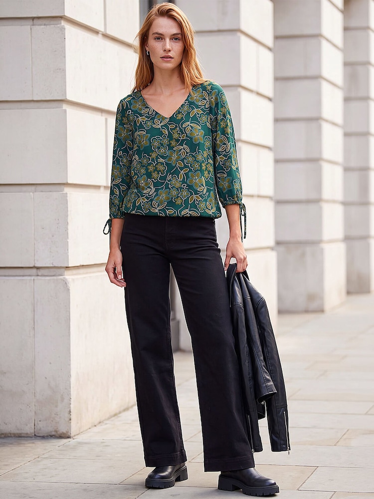 Roman Green Floral V-Neck Stretch Top - Image 1 of 4 Roman Green Floral V-Neck Stretch Top - Image 1 of 4