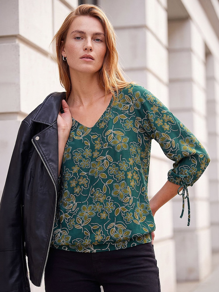 Roman Green Floral V-Neck Stretch Top - Image 2 of 4 Roman Green Floral V-Neck Stretch Top - Image 2 of 4