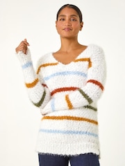 Roman White Stripe Fluffy Knit Jumper - Image 1 of 4