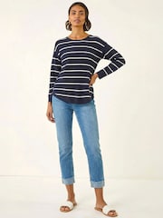 Roman Blue Stripe Curved Hem Knit Jumper - Image 1 of 4
