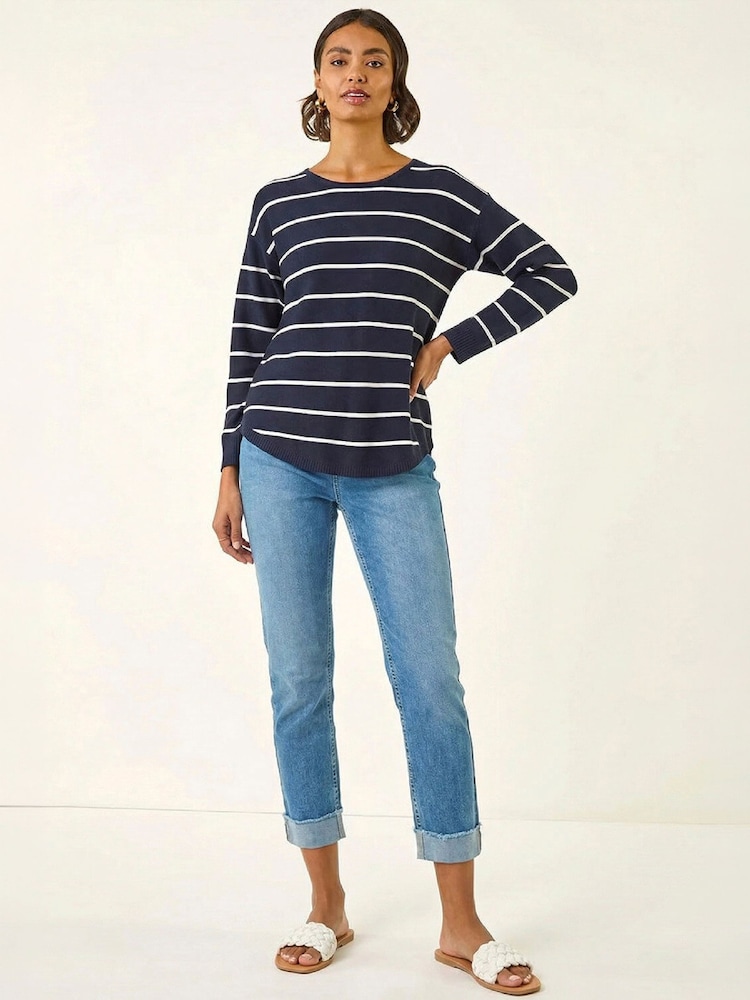 Roman Blue Stripe Curved Hem Knit Jumper - Image 1 of 4