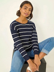 Roman Blue Stripe Curved Hem Knit Jumper - Image 3 of 4