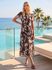 Marrón - Vestido a media pierna con mangas de campana y estampado floral de Roman - Imagen 1 de 4