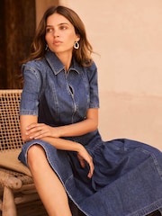 Mint Velvet Puff Sleeve Denim Midi Dress - Obraz 3 z 8