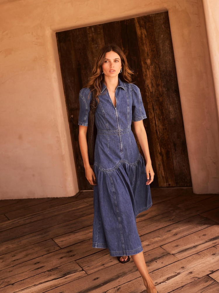 Mint Velvet Women's Puff Sleeve Denim Midi Dress - Blue