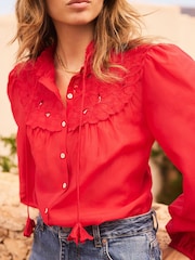 Mint Velvet Red Floral Detail Cutwork Blouse - Image 3 of 7
