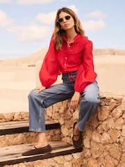 Mint Velvet Red Floral Detail Cutwork Blouse - Image 5 of 7
