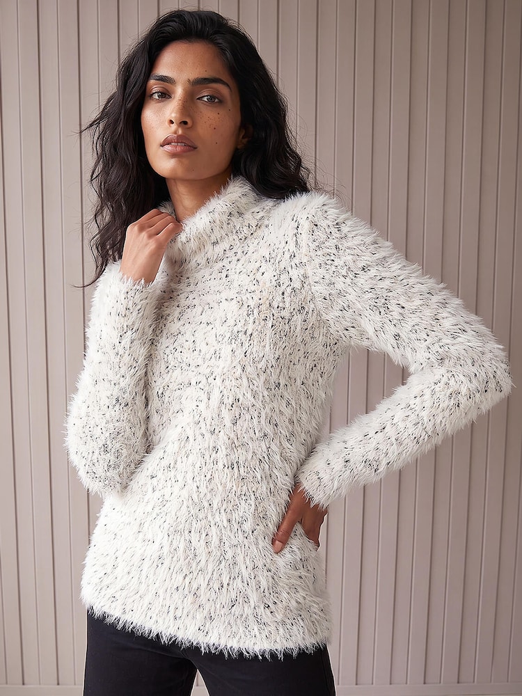 Roman White Fluffy High Neck Knit Jumper - Image 1 of 4
