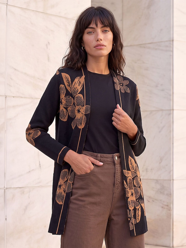 Roman Black Contrast Floral Print Cardigan - Image 1 of 4