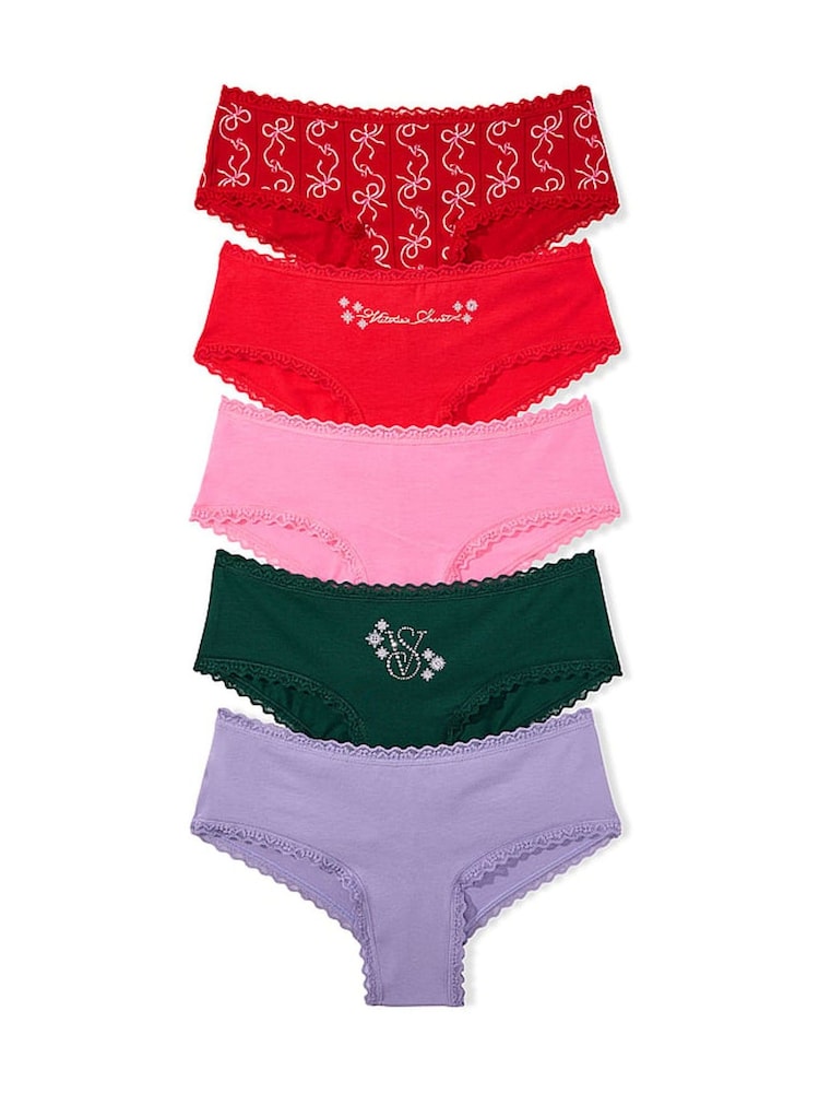 Victoria's Secret Christmas Red/Pink/Green/Purple Cheeky 5 Pack Cotton Lace Trim Knickers - Image 1 of 1 Victoria's Secret Christmas Red/Pink/Green/Purple Cheeky 5 Pack Cotton Lace Trim Knickers - Image 1 of 1