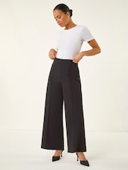 Roman Black Petite Pintuck Wide Leg Stretch Trousers - Image 2 of 4