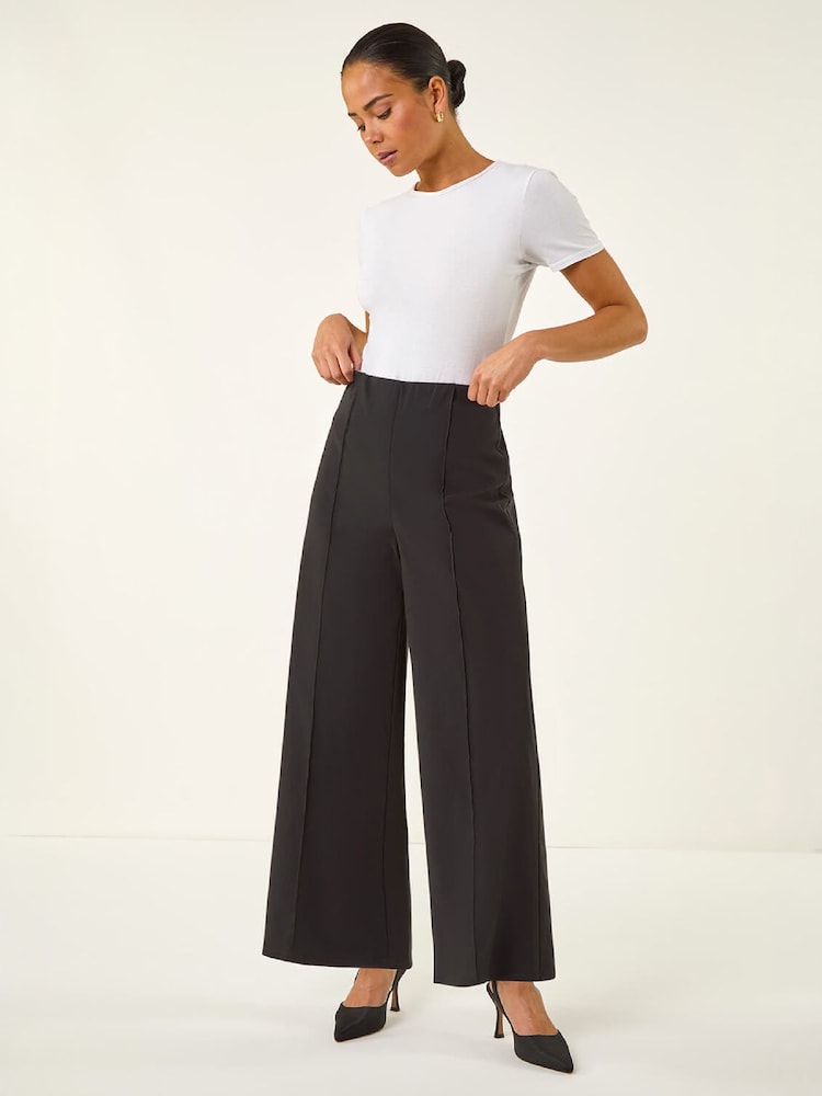 Roman Black Petite Pintuck Wide Leg Stretch Trousers - Image 2 of 4 Roman Black Petite Pintuck Wide Leg Stretch Trousers - Image 2 of 4