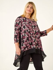 Roman Pink Curve Floral High Low Chiffon Top - Image 1 of 4
