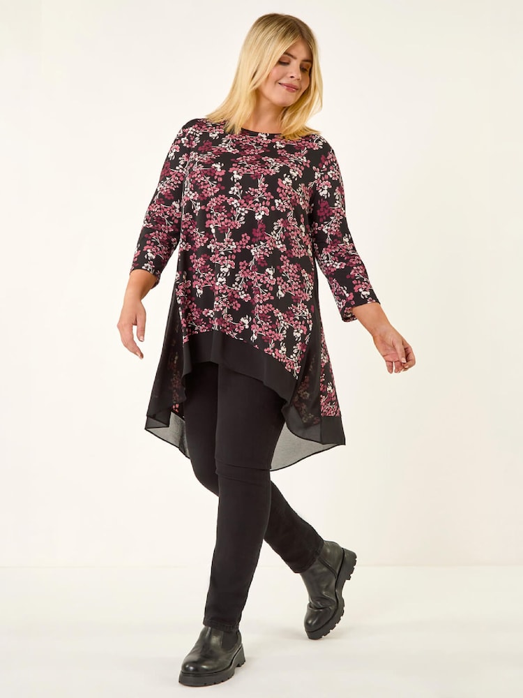 Roman Pink Curve Floral High Low Chiffon Top - Image 2 of 4 Roman Pink Curve Floral High Low Chiffon Top - Image 2 of 4