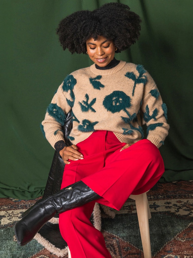 Roman Brown Fluffy Floral Knit Jumper - Image 1 of 4 Roman Brown Fluffy Floral Knit Jumper - Image 1 of 4
