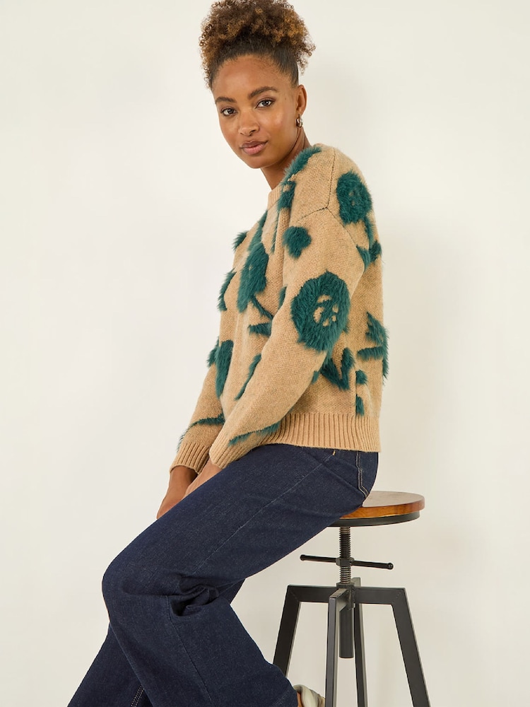 Roman Brown Fluffy Floral Knit Jumper - Image 2 of 4 Roman Brown Fluffy Floral Knit Jumper - Image 2 of 4