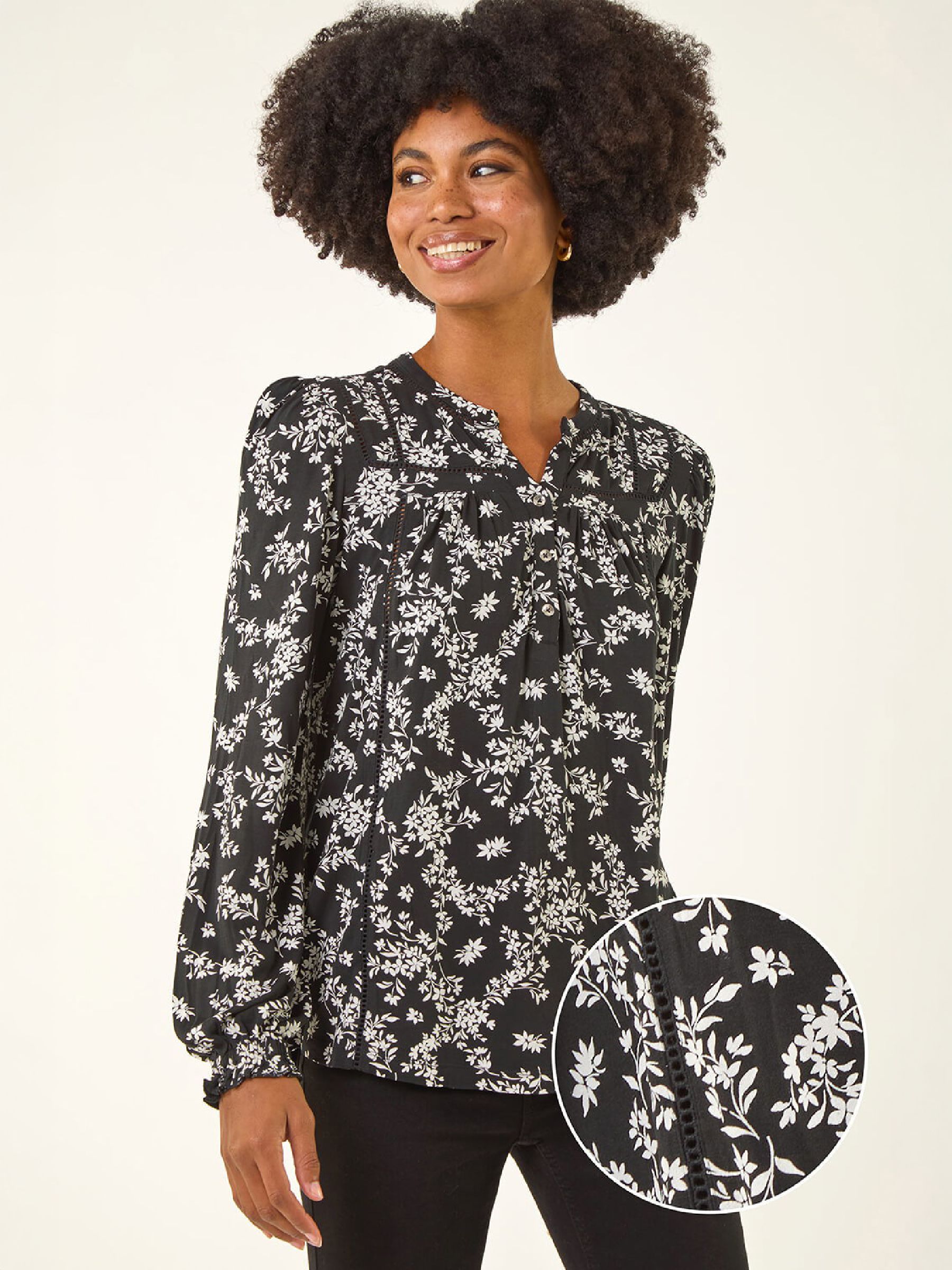 Roman Women's Black Floral Print Long Sleeve Top In | Size: 20 - Image 5