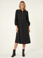 Roman Black Zip Front Collared Midi Dress - Image 1 of 4