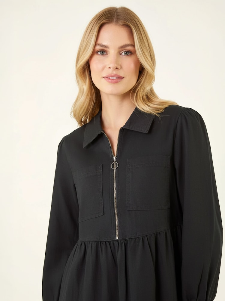 Roman Black Zip Front Collared Midi Dress - Image 2 of 4