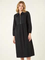 Roman Black Zip Front Collared Midi Dress - Image 3 of 4