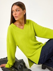 Roman Green Plain V-Neck Fluffy Knit Jumper - Image 1 of 4
