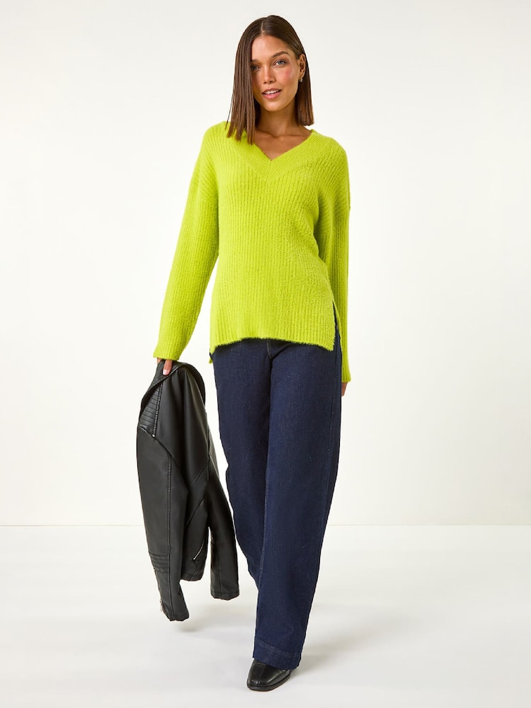 Roman Green Plain V-Neck Fluffy Knit Jumper - Image 2 of 4
