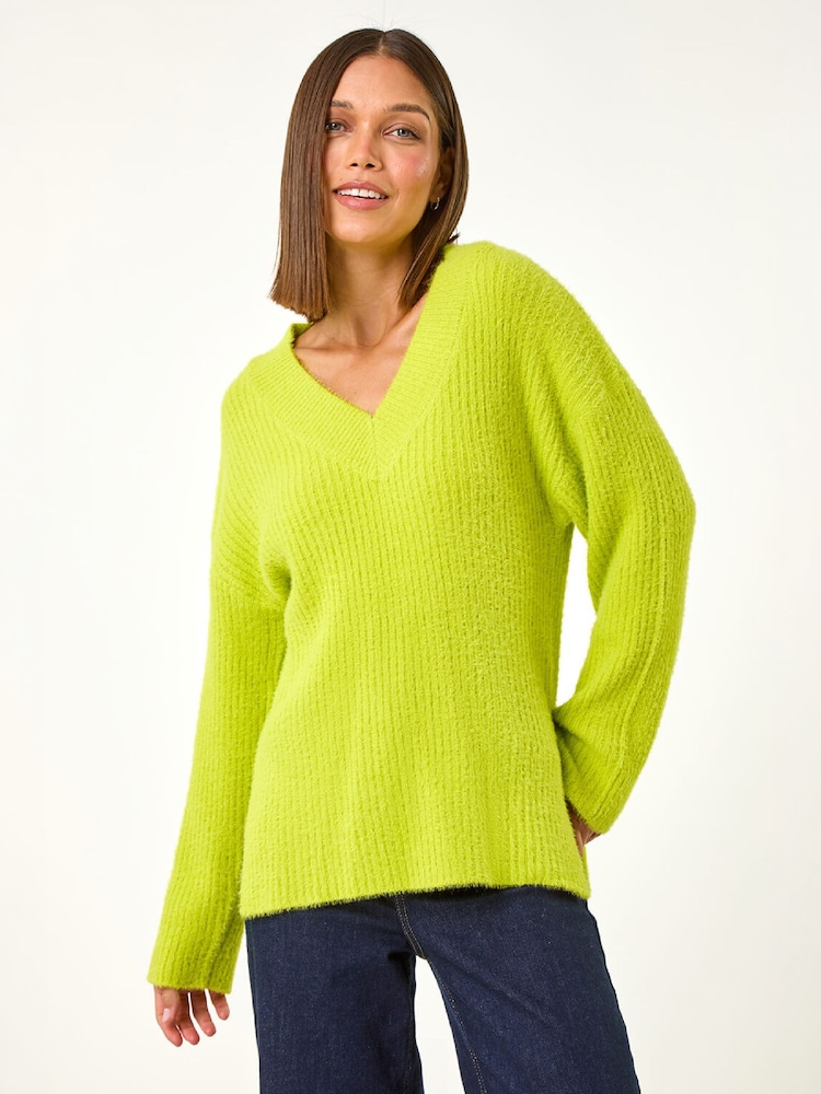 Roman Green Plain V-Neck Fluffy Knit Jumper - Image 4 of 4