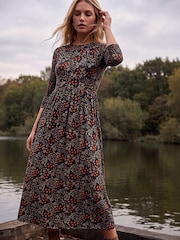 Roman Black Ditsy Floral Gathered Midi Dress - Image 1 of 4