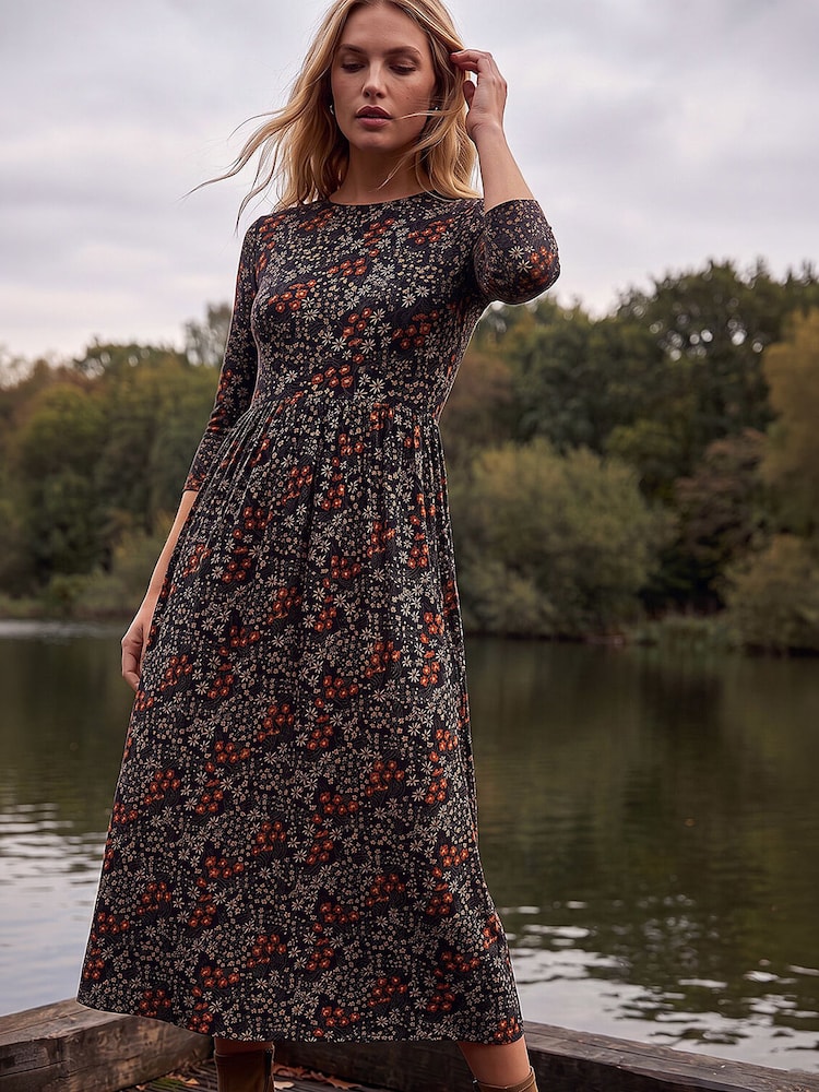 Roman Black Ditsy Floral Gathered Midi Dress - Image 1 of 4 Roman Black Ditsy Floral Gathered Midi Dress - Image 1 of 4