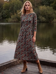 Roman Black Ditsy Floral Gathered Midi Dress - Image 2 of 4