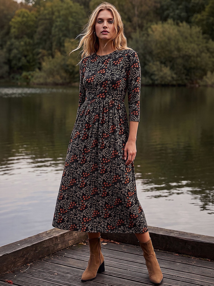 Roman Black Ditsy Floral Gathered Midi Dress - Image 2 of 4 Roman Black Ditsy Floral Gathered Midi Dress - Image 2 of 4
