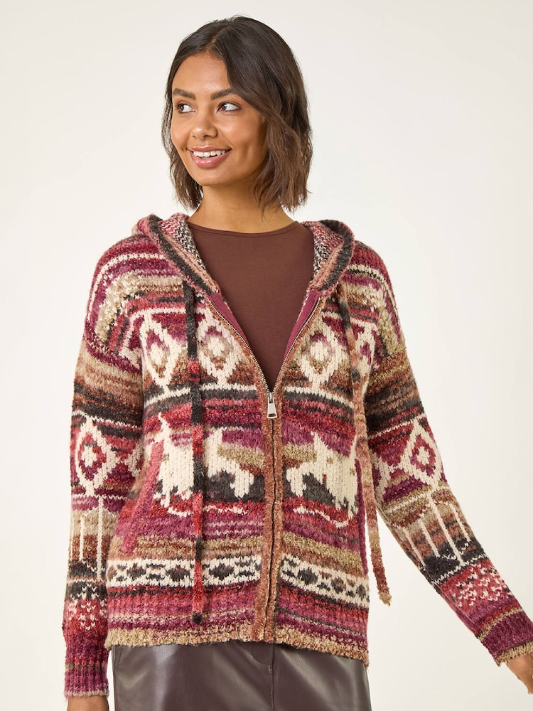Roman Red Jacquard Zip Hooded Cardigan - Image 1 of 4