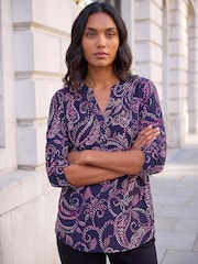 Roman Blue Leaf Puff Print Stretch Blouse - Image 1 of 4