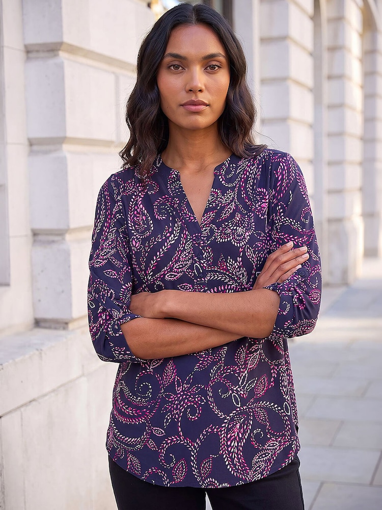 Roman Blue Leaf Puff Print Stretch Blouse - Image 1 of 4