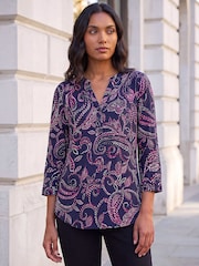Roman Blue Leaf Puff Print Stretch Blouse - Image 2 of 4