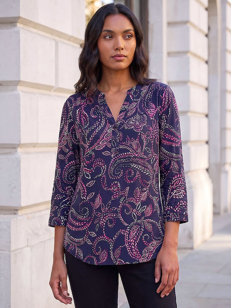 Roman Blue Leaf Puff Print Stretch Blouse - Image 2 of 4
