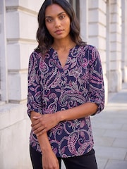 Roman Blue Leaf Puff Print Stretch Blouse - Image 3 of 4