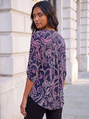 Roman Blue Leaf Puff Print Stretch Blouse - Image 4 of 4