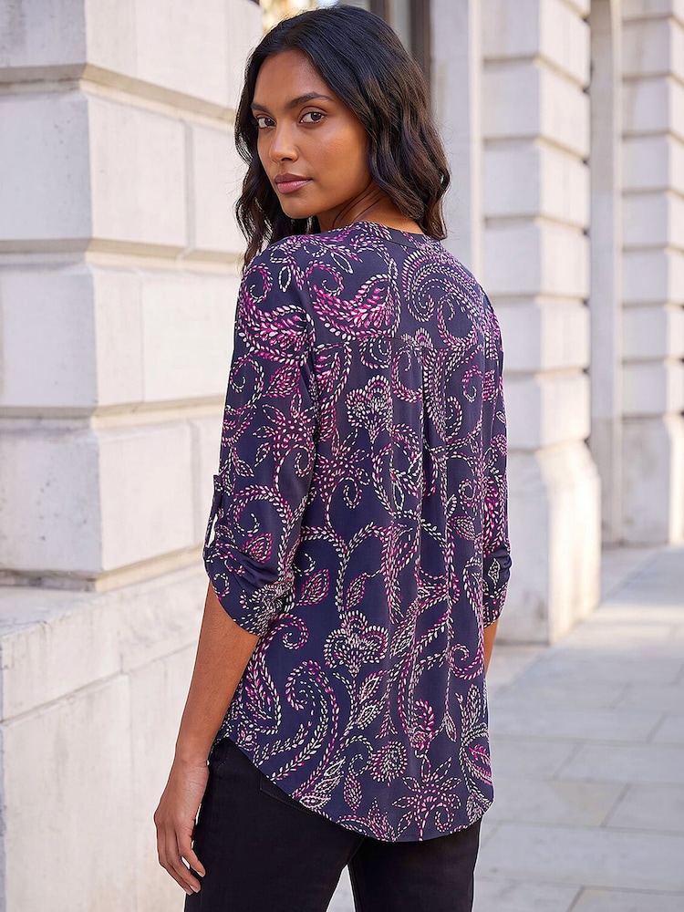 Roman Blue Leaf Puff Print Stretch Blouse - Image 4 of 4