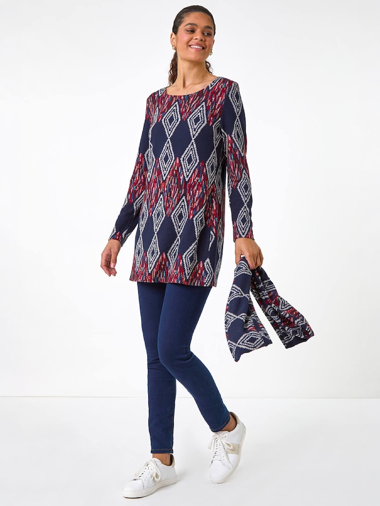 Roman Blue Printed Longline Tunic - Image 1 of 4 Roman Blue Printed Longline Tunic - Image 1 of 4