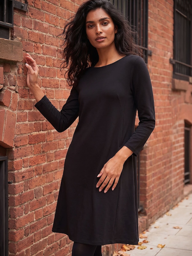 Roman Black A-Line Pocket Stretch Swing Dress - Image 1 of 4 Roman Black A-Line Pocket Stretch Swing Dress - Image 1 of 4